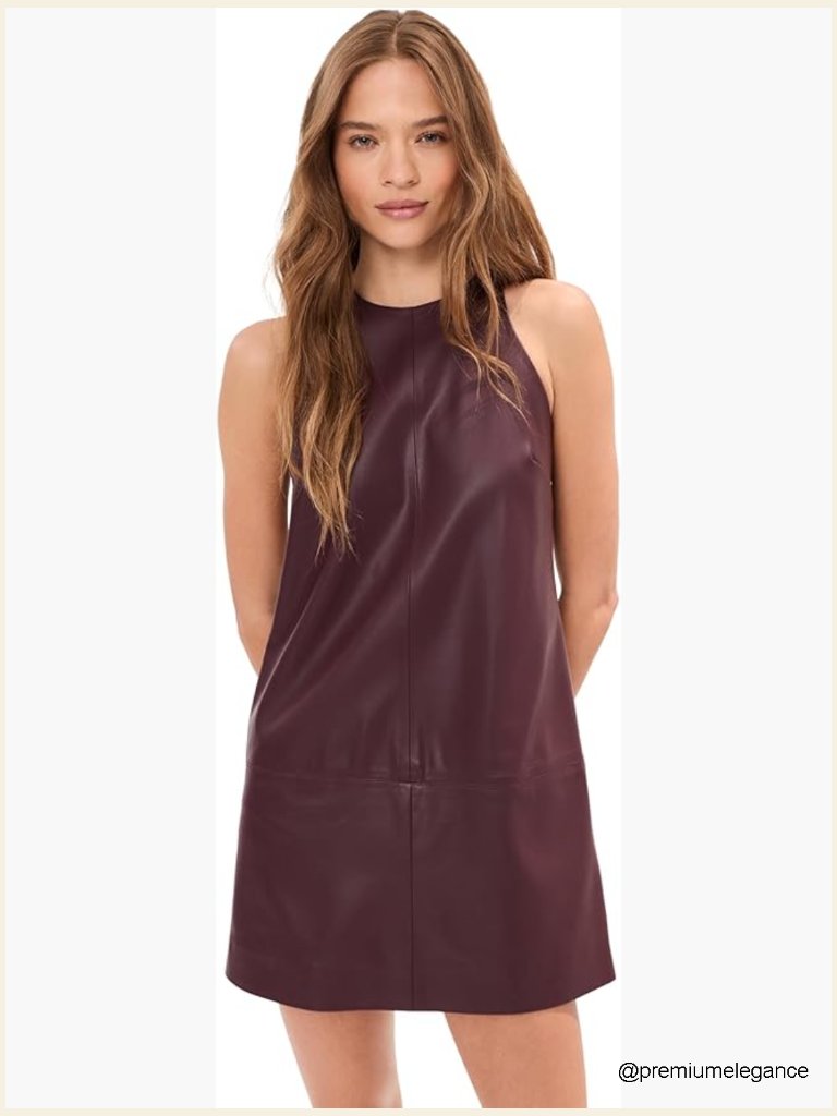 Faux Leather Mini Dress - Sleeveless Crew Neck